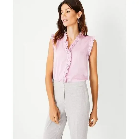 Ann Taylor Size XS Ruffle Front Shell Blouse Sleeveless V Neck Pink - Picture 2 of 10